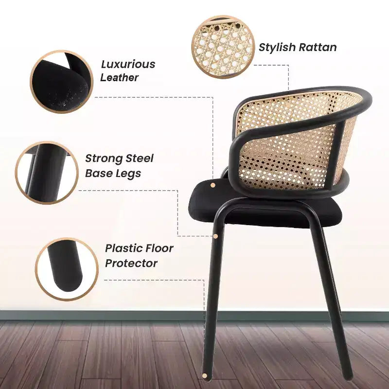 Chaises de salle à manger en rotin avec assise en cuir et structure en acier noir, modernes, pour cuisine intérieure, salle à manger, sièges de table