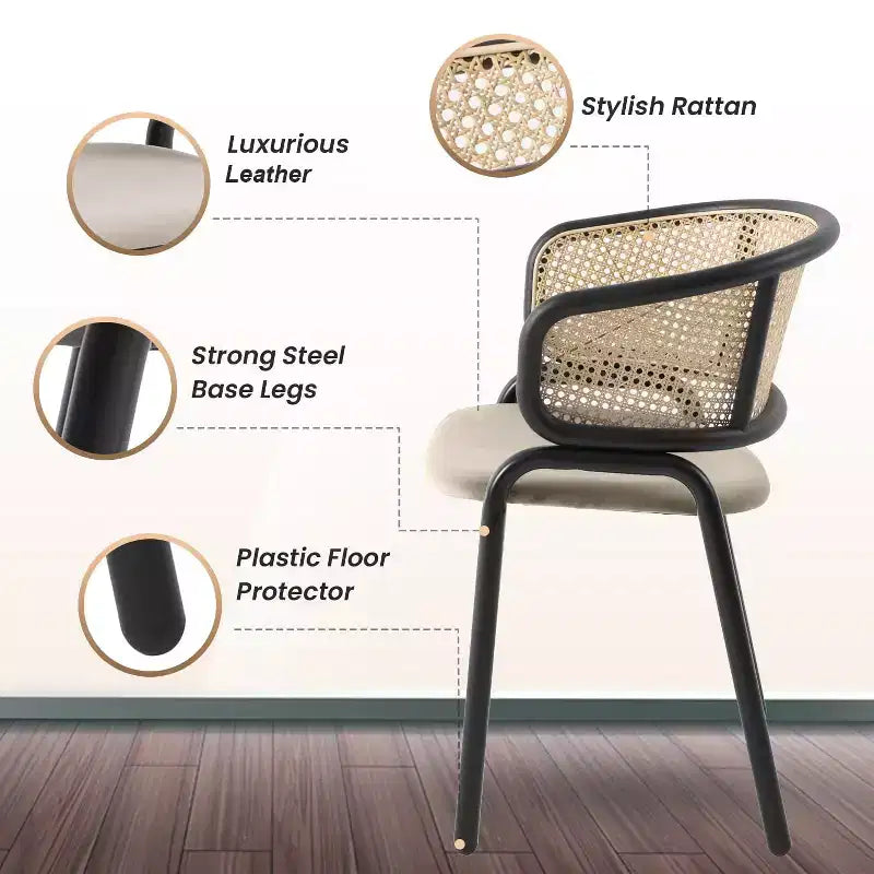 Chaises de salle à manger en rotin avec assise en cuir et structure en acier noir, modernes, pour cuisine intérieure, salle à manger, sièges de table