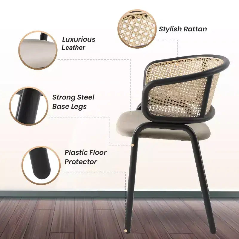 Chaises de salle à manger en rotin avec assise en cuir et structure en acier noir, modernes, pour cuisine intérieure, salle à manger, sièges de table