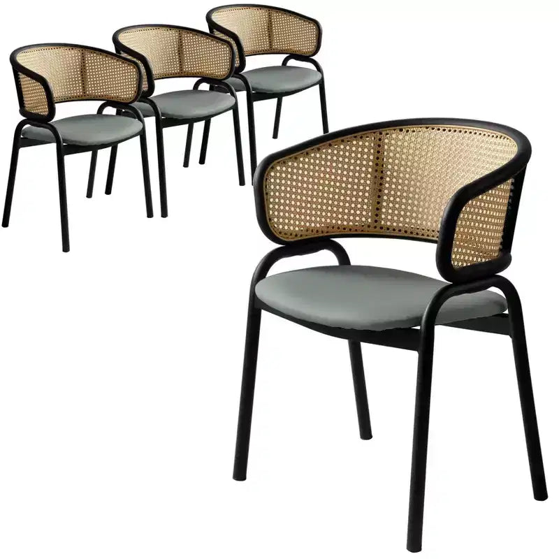 Chaises de salle à manger en rotin avec assise en cuir et structure en acier noir, modernes, pour cuisine intérieure, salle à manger, sièges de table