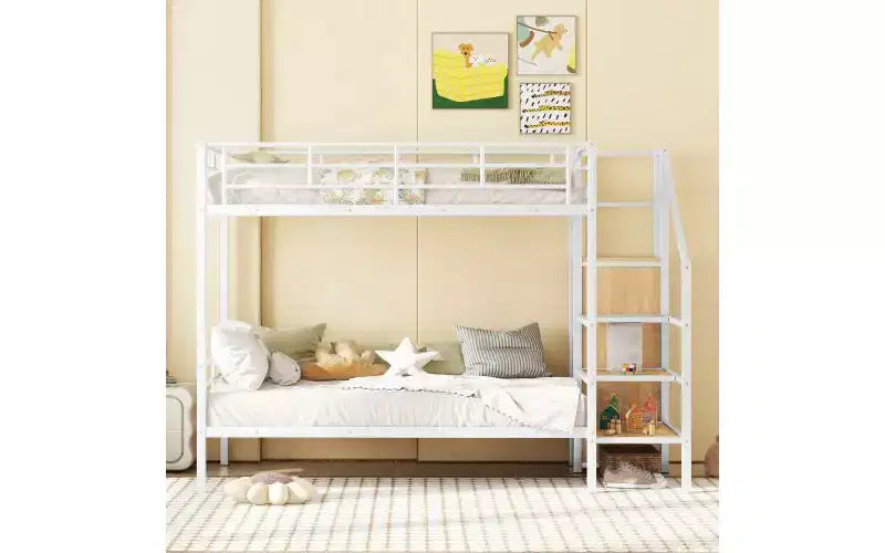Lit superposé en métal une place sur une place avec escalier de rangement latéral et armoire intégrée