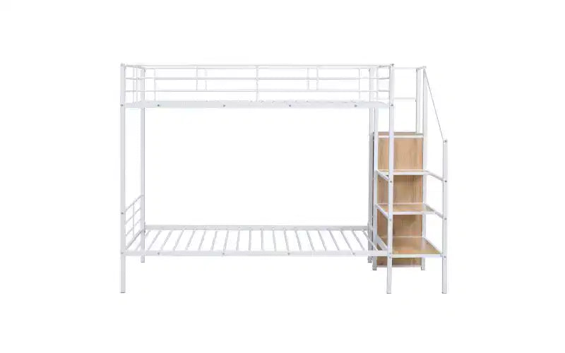 Lit superposé en métal une place sur une place avec escalier de rangement latéral et armoire intégrée