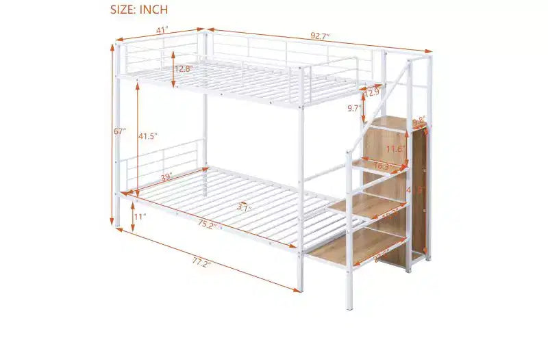 Lit superposé en métal une place sur une place avec escalier de rangement latéral et armoire intégrée