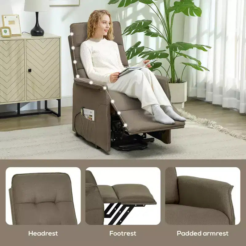 Fauteuil inclinable électrique releveur avec télécommande, poches latérales, ressorts ensachés, dossier capitonné, montage rapide