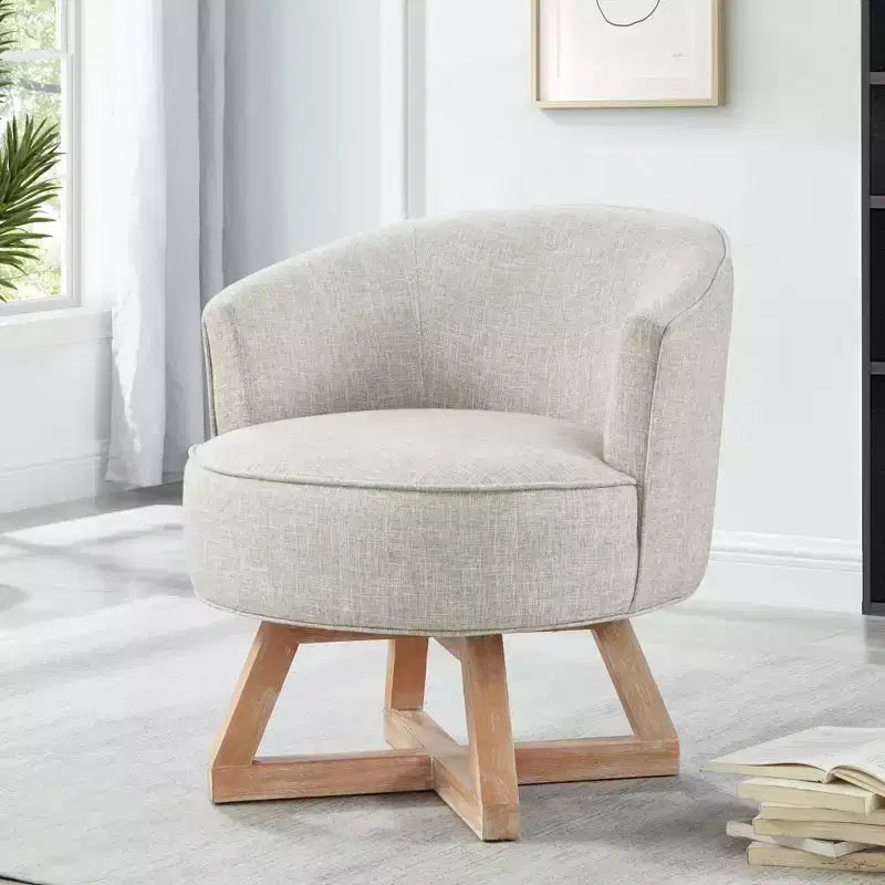 Chaise à piètement croisé en bois d'hévéa et revêtement en lin, pivotante à 360°