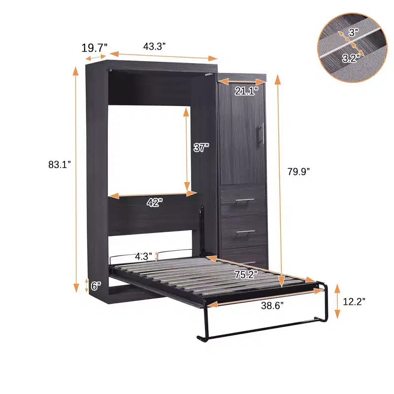 Lit escamotable en bois avec armoire et tiroirs
