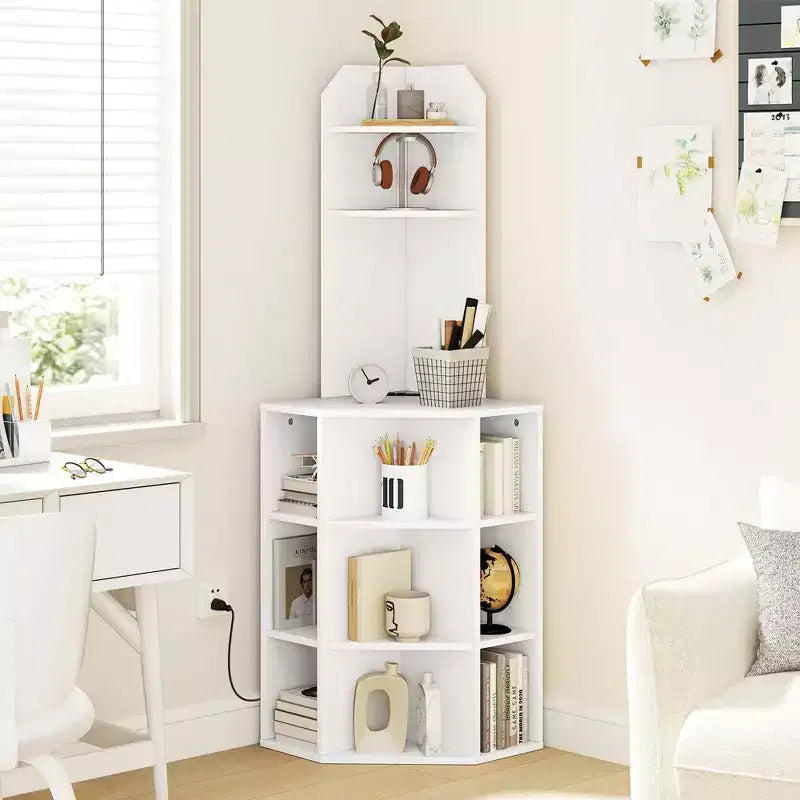 Étagère d'angle à 6 niveaux 63 po de haut avec 2 ports USB et station de charge Brun/Blanc