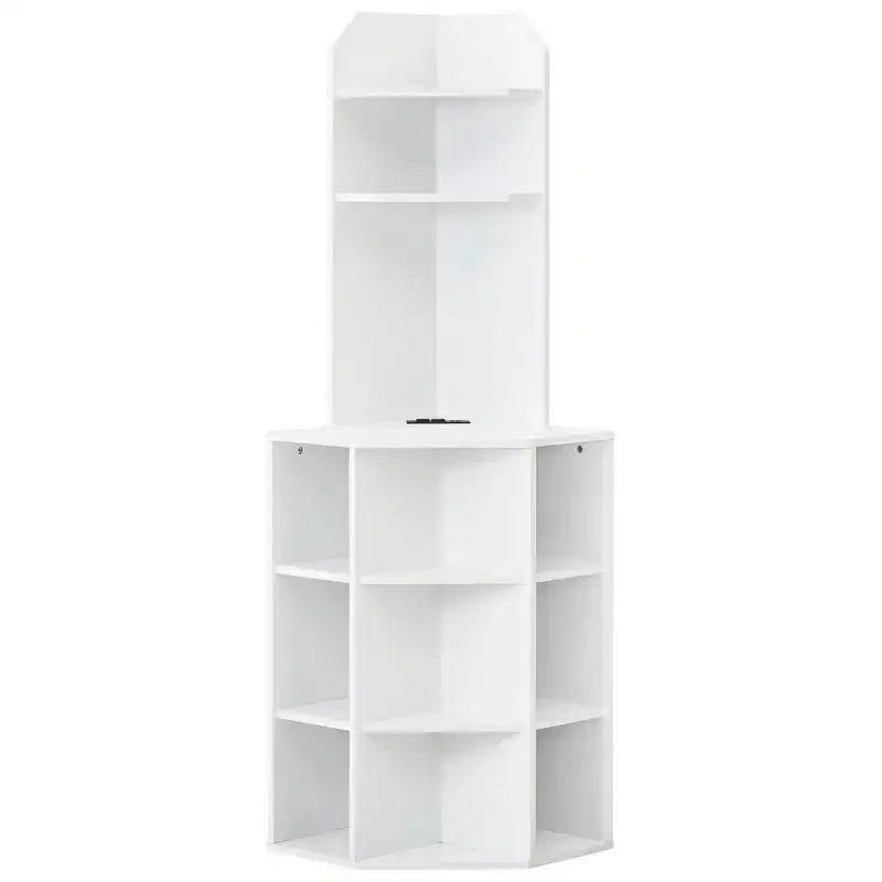 Étagère d'angle à 6 niveaux 63 po de haut avec 2 ports USB et station de charge Brun/Blanc