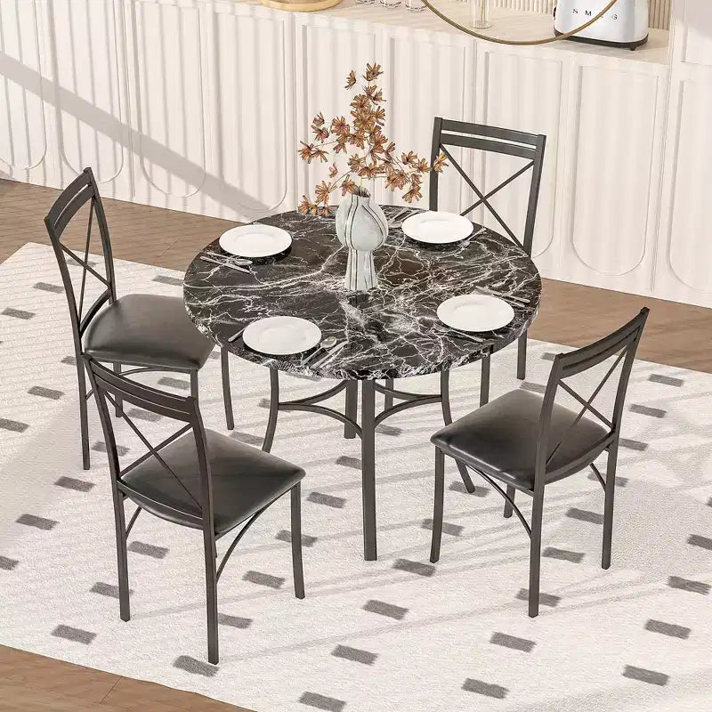 Table de salle à manger ronde de 36 pouces pour 4 personnes, plateau en faux marbre avec pieds en métal pour cuisine, petits espaces