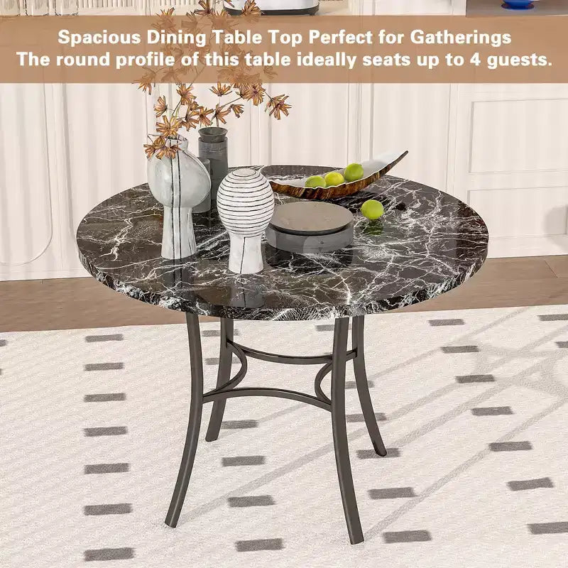 Table de salle à manger ronde de 36 pouces pour 4 personnes, plateau en faux marbre avec pieds en métal pour cuisine, petits espaces