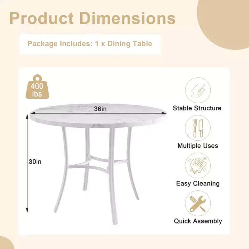 Table de salle à manger ronde de 36 pouces pour 4 personnes, plateau en faux marbre avec pieds en métal pour cuisine, petits espaces