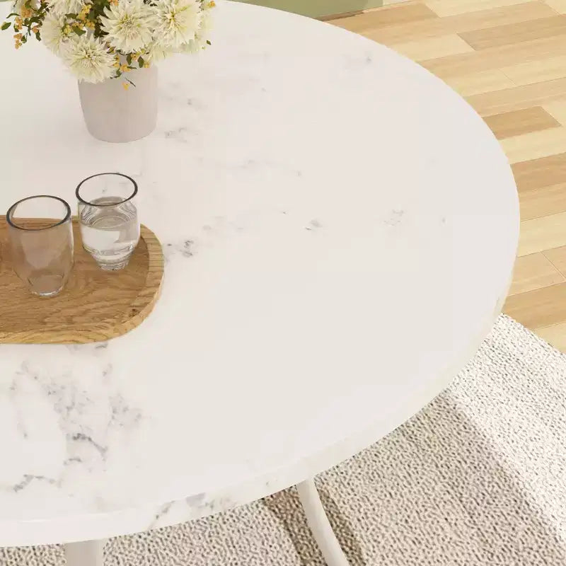 Table de salle à manger ronde de 36 pouces pour 4 personnes, plateau en faux marbre avec pieds en métal pour cuisine, petits espaces