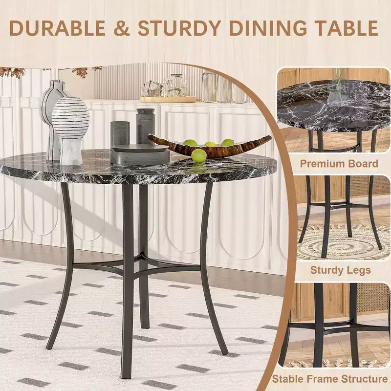 Table de salle à manger ronde de 36 pouces pour 4 personnes, plateau en faux marbre avec pieds en métal pour cuisine, petits espaces