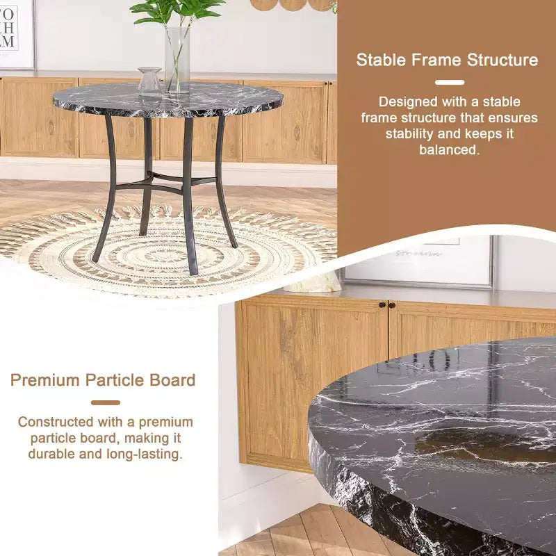 Table de salle à manger ronde de 36 pouces pour 4 personnes, plateau en faux marbre avec pieds en métal pour cuisine, petits espaces