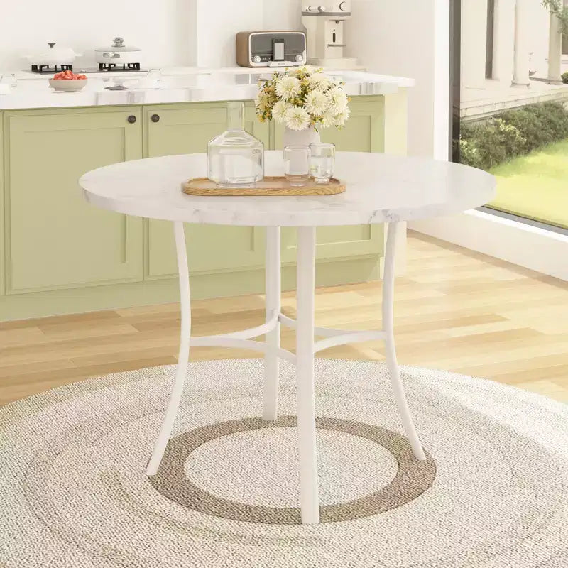 Table de salle à manger ronde de 36 pouces pour 4 personnes, plateau en faux marbre avec pieds en métal pour cuisine, petits espaces