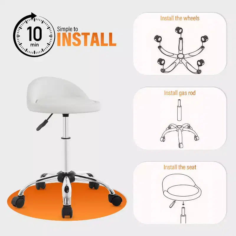 Tabouret roulant réglable en hauteur pour salon de coiffure, chaise de spa pivotante avec siège confortable en cuir PU et base en métal chromé