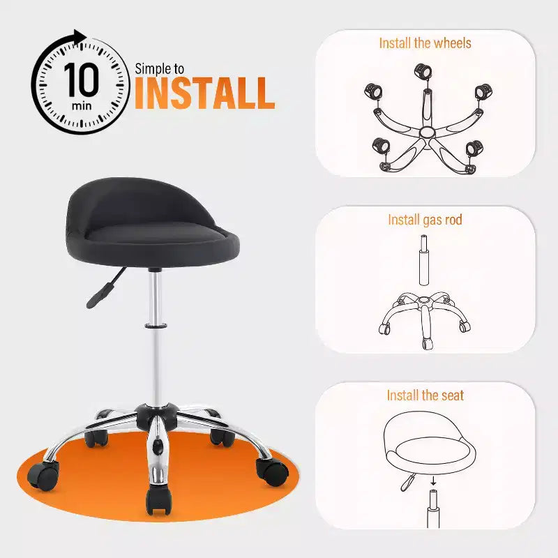 Tabouret roulant réglable en hauteur pour salon de coiffure, chaise de spa pivotante avec siège confortable en cuir PU et base en métal chromé