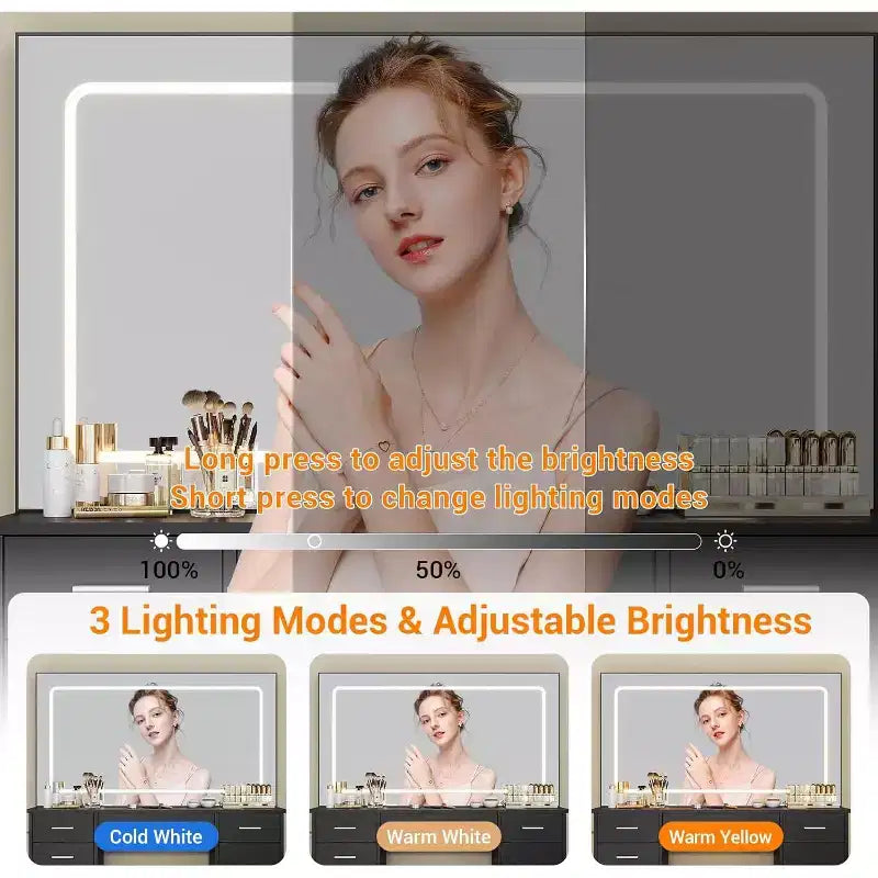 Coiffeuse avec grand miroir et lumières, coiffeuse de maquillage avec prise de courant, 7 tiroirs, 3 couleurs d'éclairage réglables
