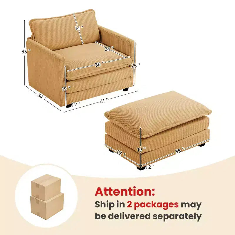 41.34 Fauteuil d'appoint surdimensionné en velours côtelé, Fauteuil moderne pour chambre à coucher et salon
