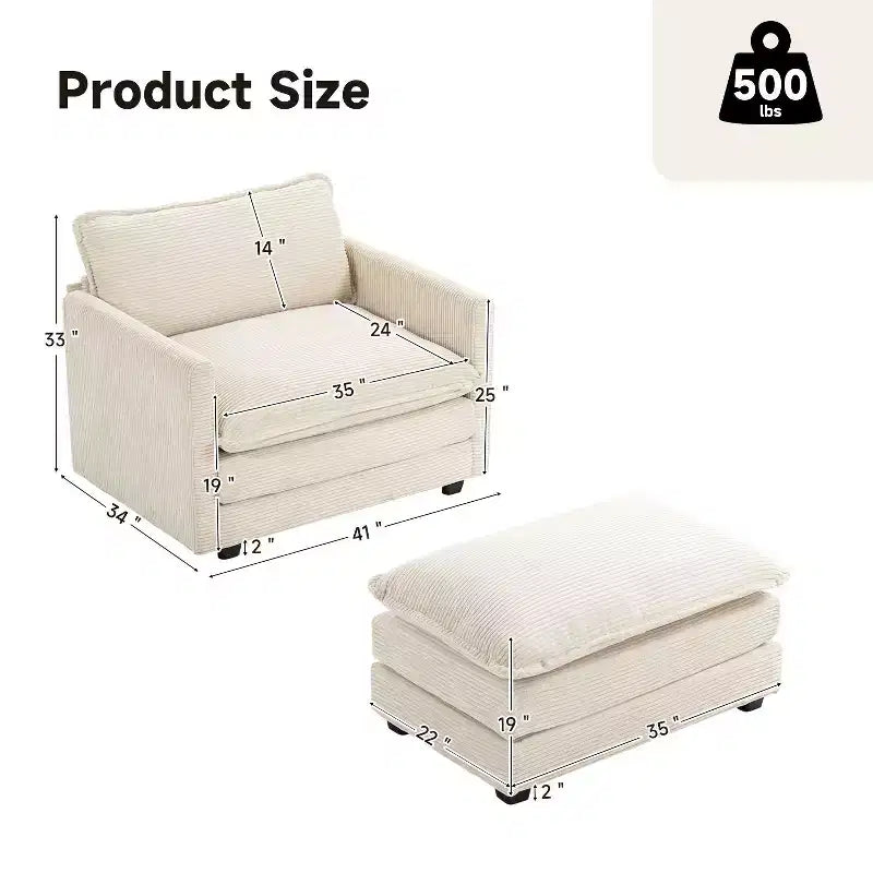 41.34 Fauteuil d'appoint surdimensionné en velours côtelé, Fauteuil moderne pour chambre à coucher et salon