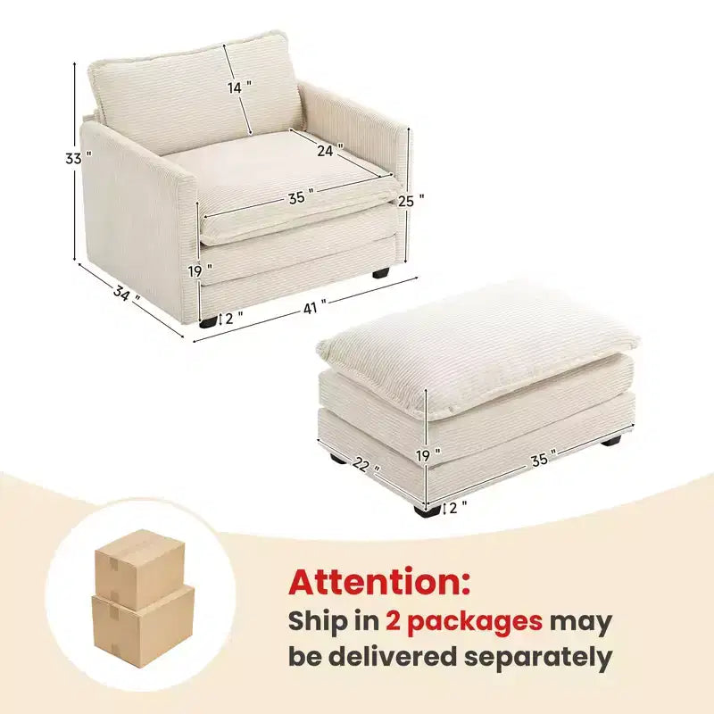 41.34 Fauteuil d'appoint surdimensionné en velours côtelé, Fauteuil moderne pour chambre à coucher et salon