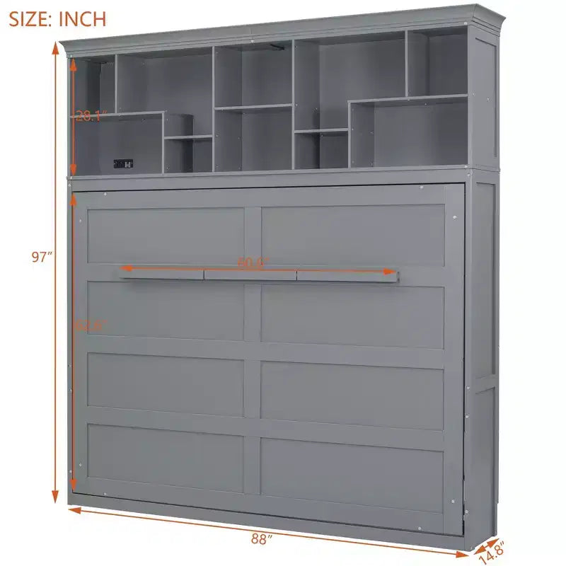Lit escamotable Queen Size de style moderne, se repliant dans une armoire avec étagères supérieures et ports USB