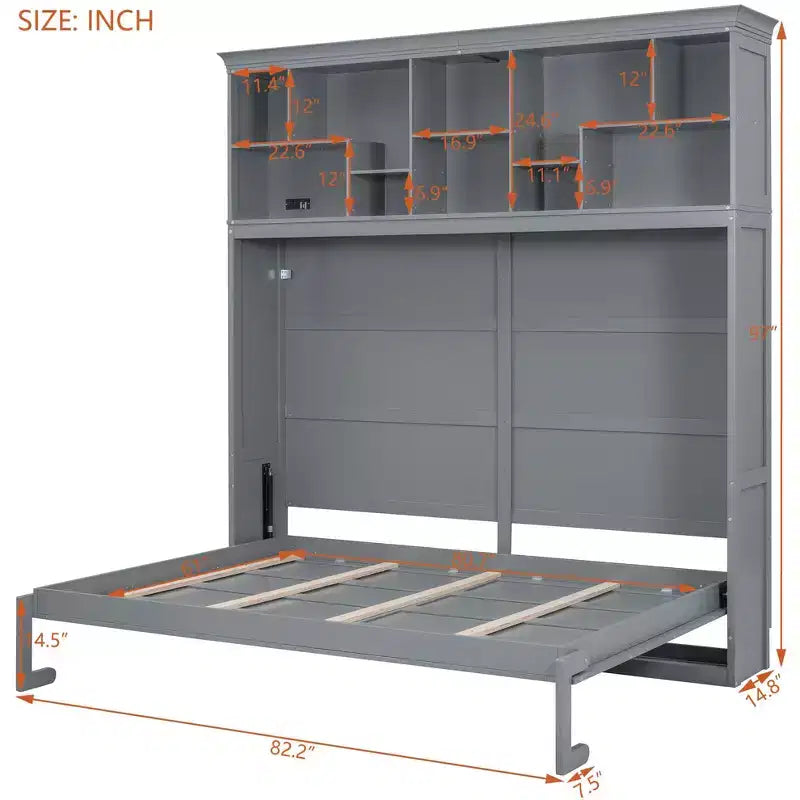 Lit escamotable Queen Size de style moderne, se repliant dans une armoire avec étagères supérieures et ports USB