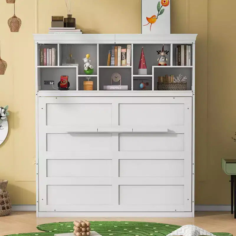 Lit escamotable Queen Size de style moderne, se repliant dans une armoire avec étagères supérieures et ports USB
