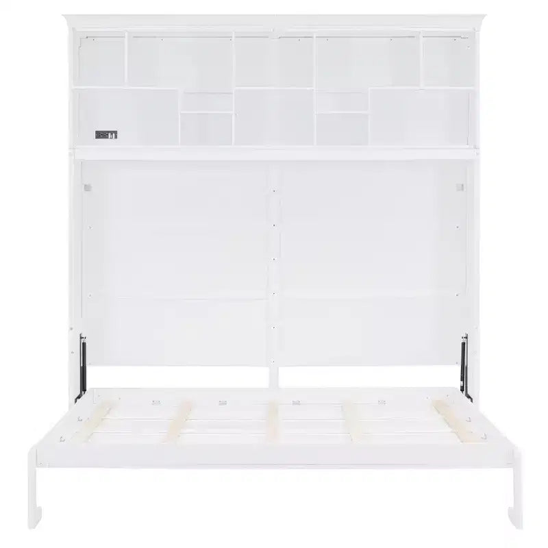 Lit escamotable Queen Size de style moderne, se repliant dans une armoire avec étagères supérieures et ports USB