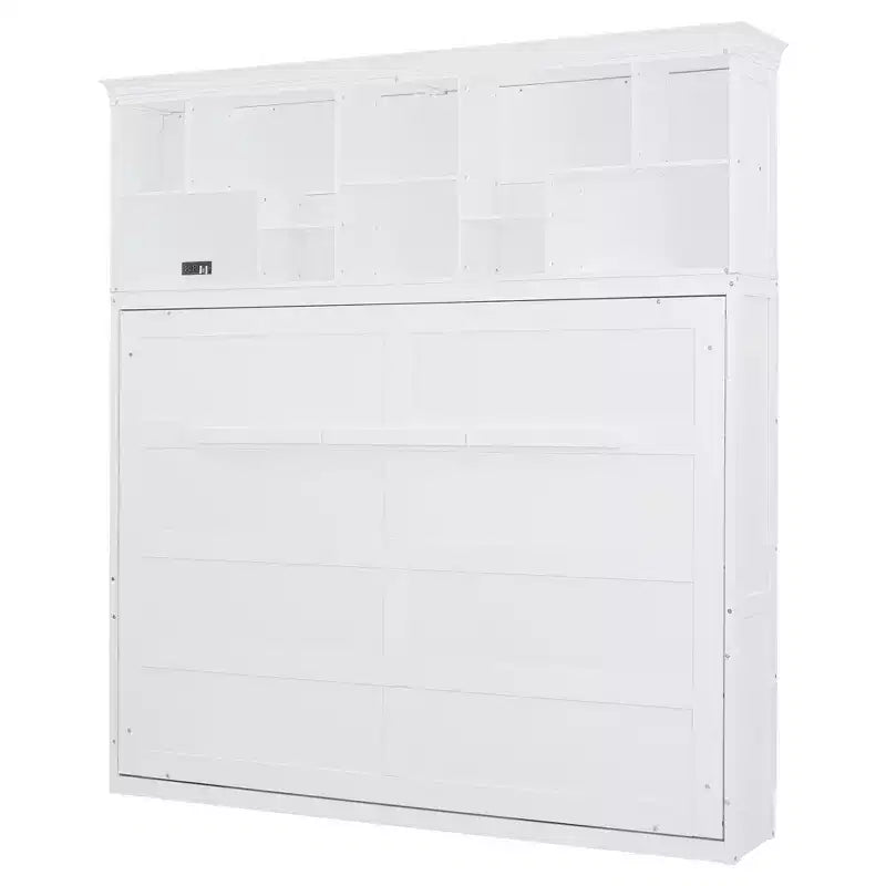 Lit escamotable Queen Size de style moderne, se repliant dans une armoire avec étagères supérieures et ports USB