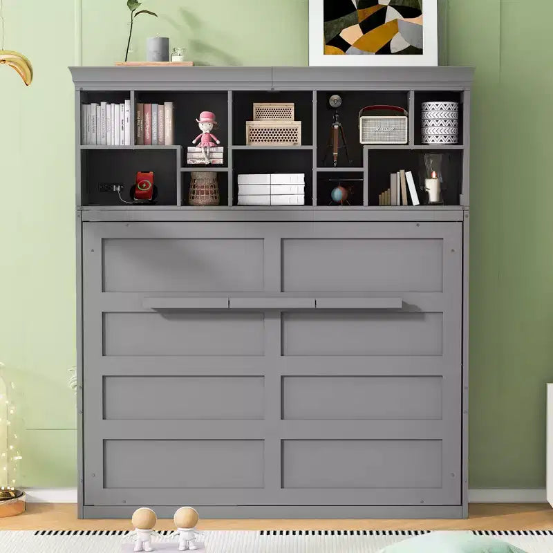 Lit escamotable Queen Size de style moderne, se repliant dans une armoire avec étagères supérieures et ports USB