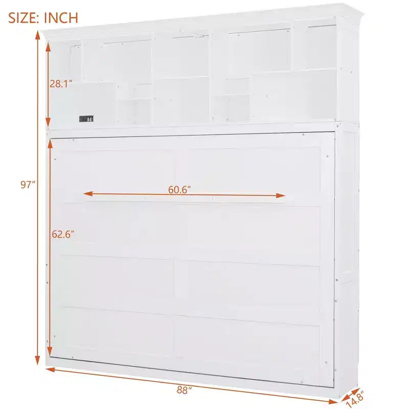 Lit escamotable Queen Size de style moderne, se repliant dans une armoire avec étagères supérieures et ports USB