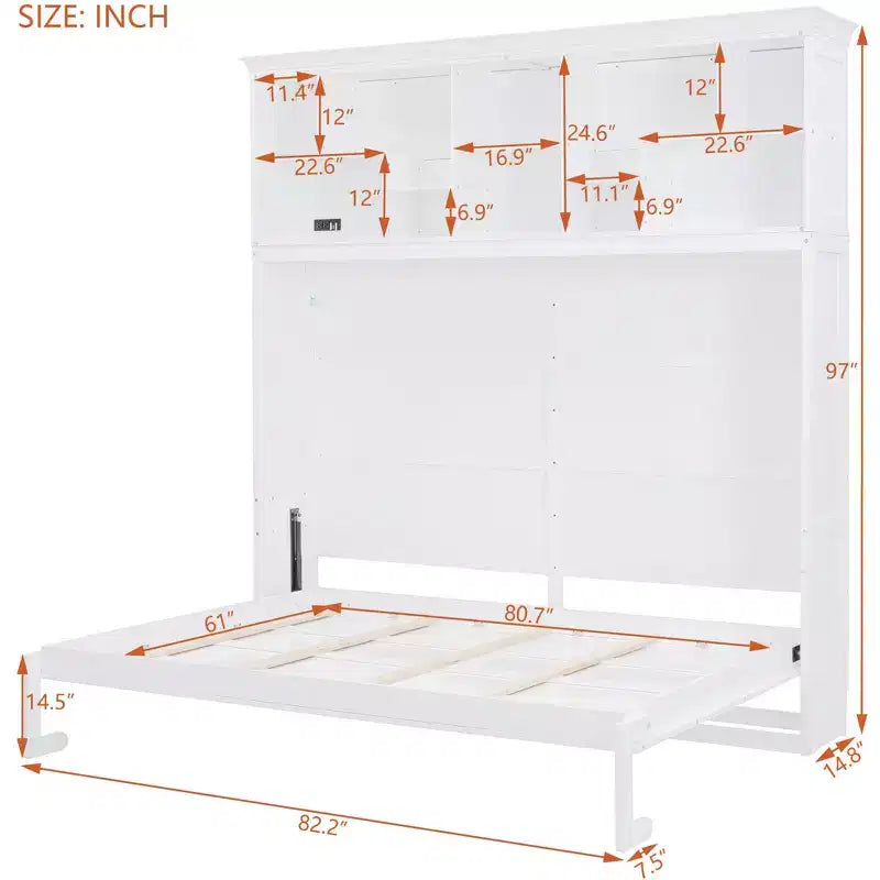 Lit escamotable Queen Size de style moderne, se repliant dans une armoire avec étagères supérieures et ports USB