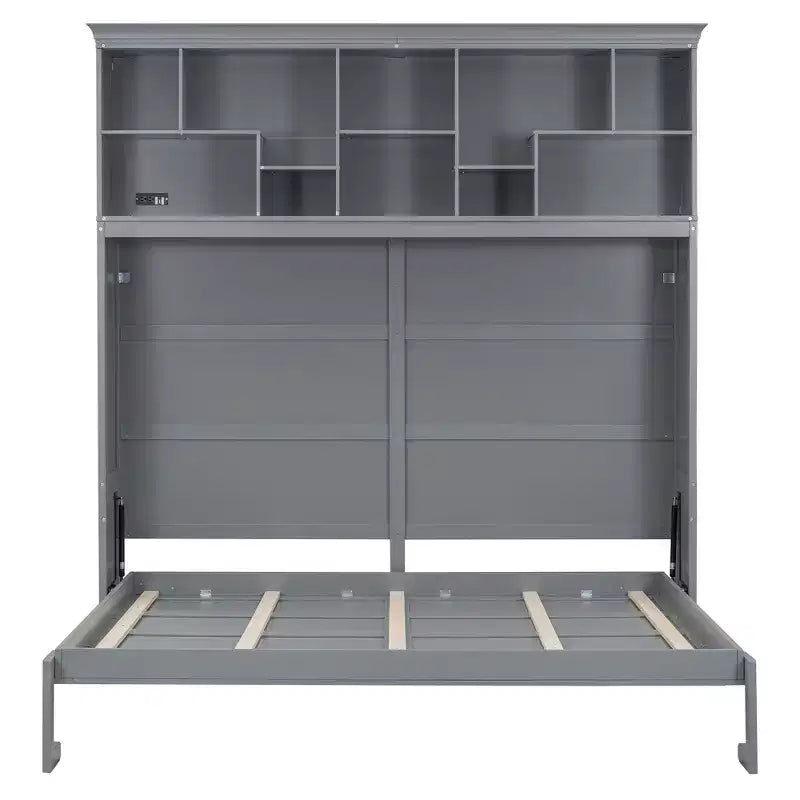 Lit escamotable Queen Size de style moderne, se repliant dans une armoire avec étagères supérieures et ports USB