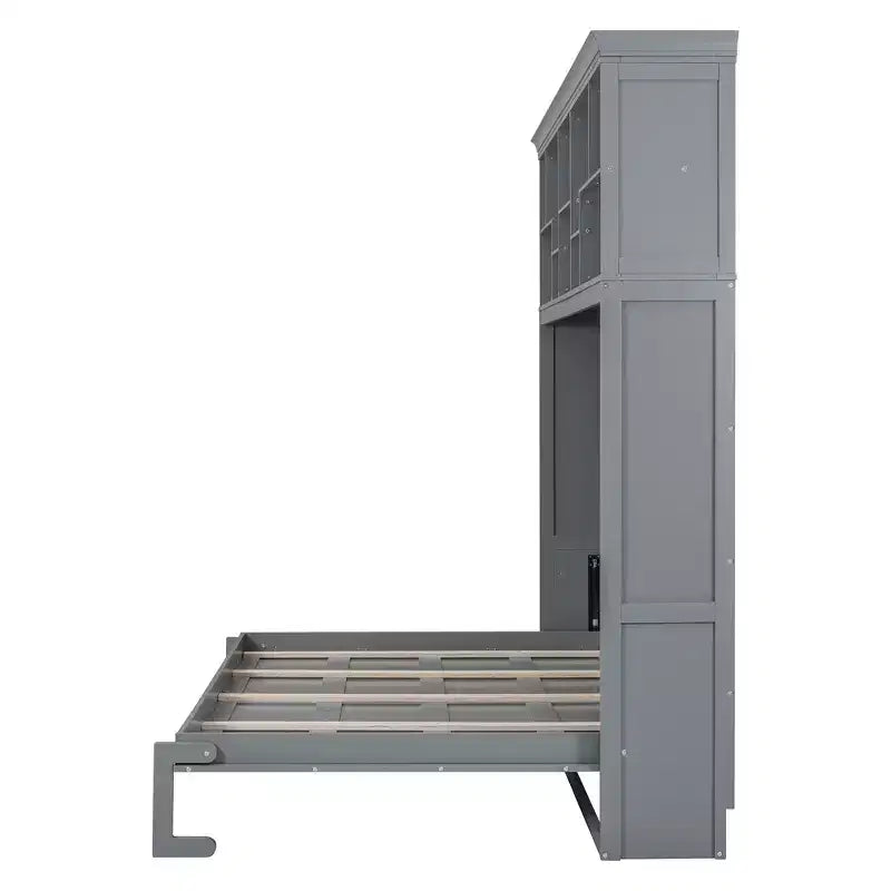 Lit escamotable Queen Size de style moderne, se repliant dans une armoire avec étagères supérieures et ports USB