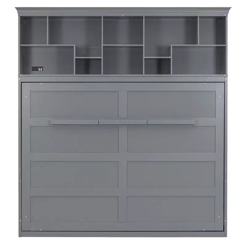 Lit escamotable Queen Size de style moderne, se repliant dans une armoire avec étagères supérieures et ports USB