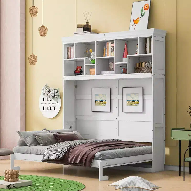 Lit escamotable Queen Size de style moderne, se repliant dans une armoire avec étagères supérieures et ports USB