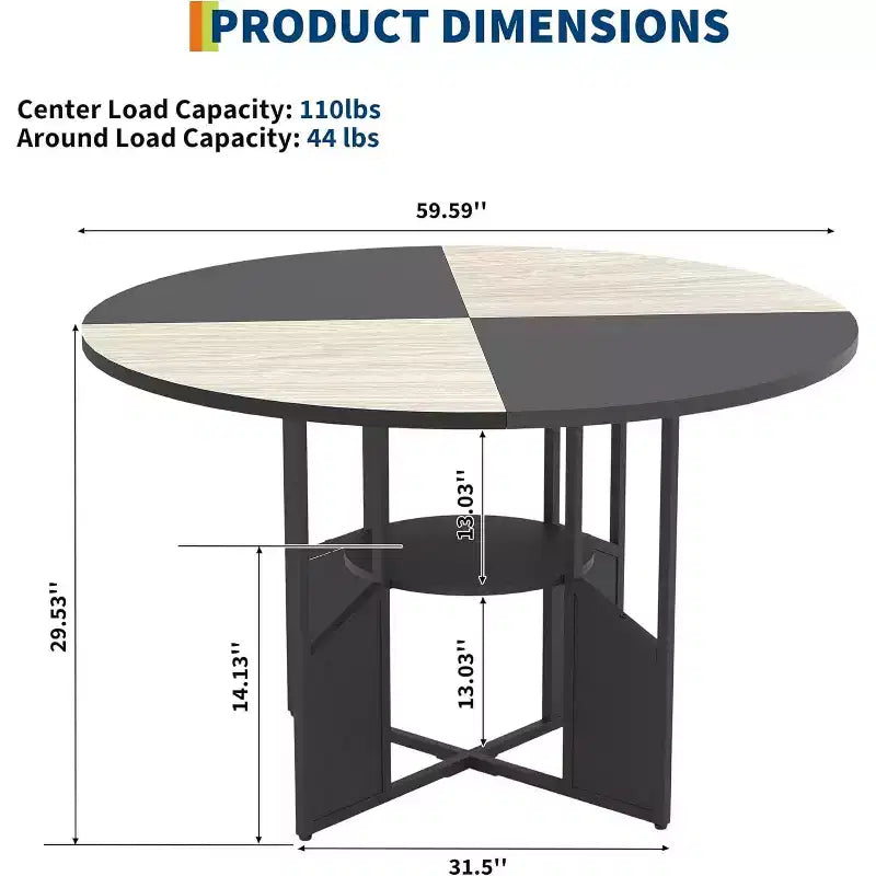 Table à manger ronde pour 4 à 6 personnes, table de cuisine et de salle à manger en bois de 59 po avec base et pieds réglables, table à manger ronde peu encombrante pour salon