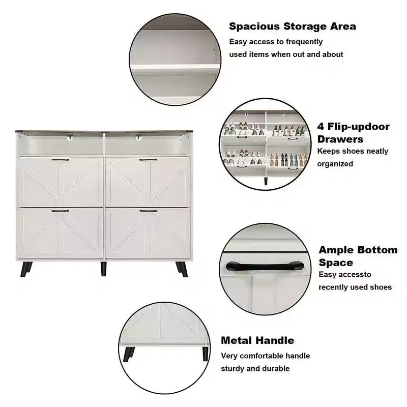 Meuble à chaussures, organisateur de chaussures de style ferme avec 4 tiroirs basculants et rangement ouvert, étagère à chaussures étroite et autonome pour entrée, couloir