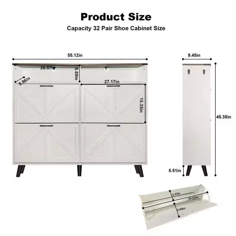 Meuble à chaussures, organisateur de chaussures de style ferme avec 4 tiroirs basculants et rangement ouvert, étagère à chaussures étroite et autonome pour entrée, couloir