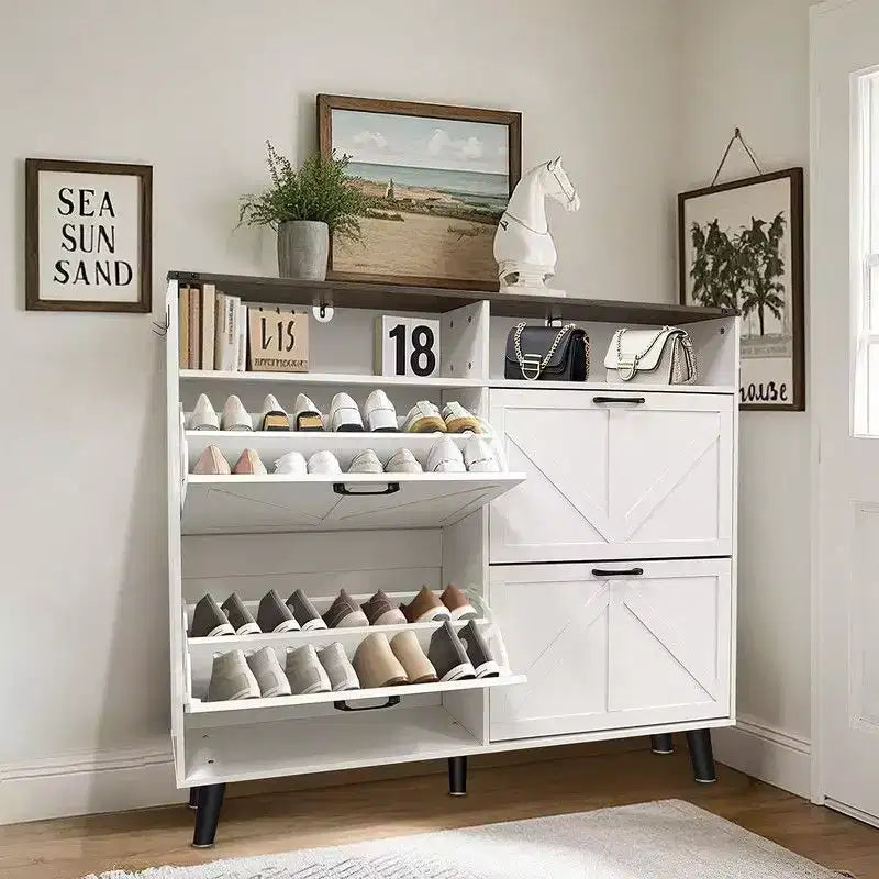 Meuble à chaussures, organisateur de chaussures de style ferme avec 4 tiroirs basculants et rangement ouvert, étagère à chaussures étroite et autonome pour entrée, couloir