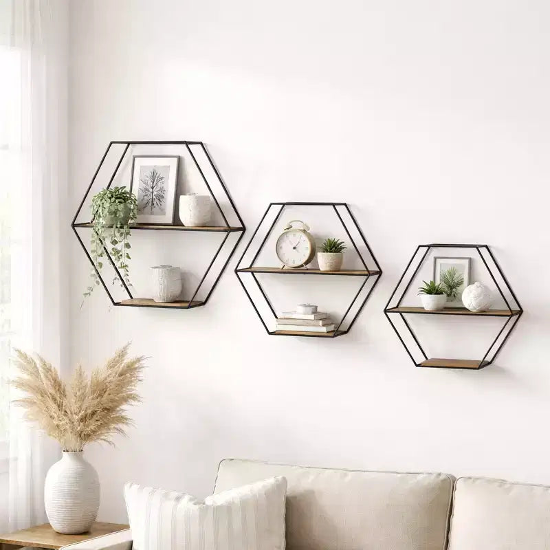 Étagères murales hexagonales modernes pour la décoration intérieure - Rangement en bois avec cadre métallique pour bureau