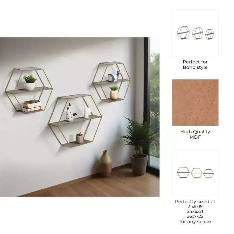 Étagères murales hexagonales modernes pour la décoration intérieure - Rangement en bois avec cadre métallique pour bureau