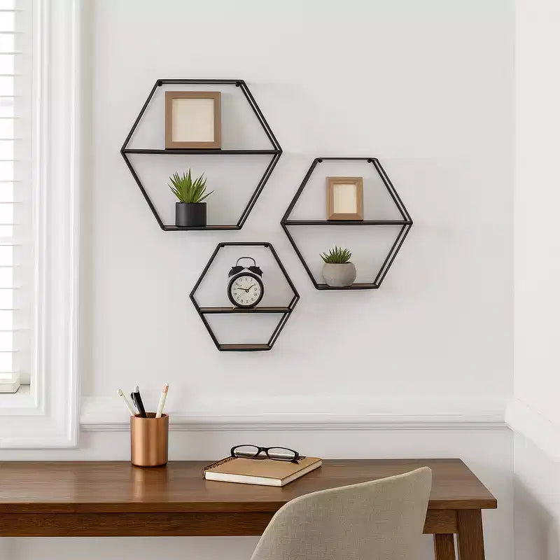 Étagères murales hexagonales modernes pour la décoration intérieure - Rangement en bois avec cadre métallique pour bureau
