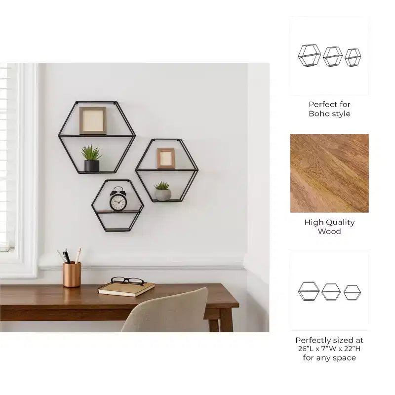 Étagères murales hexagonales modernes pour la décoration intérieure - Rangement en bois avec cadre métallique pour bureau