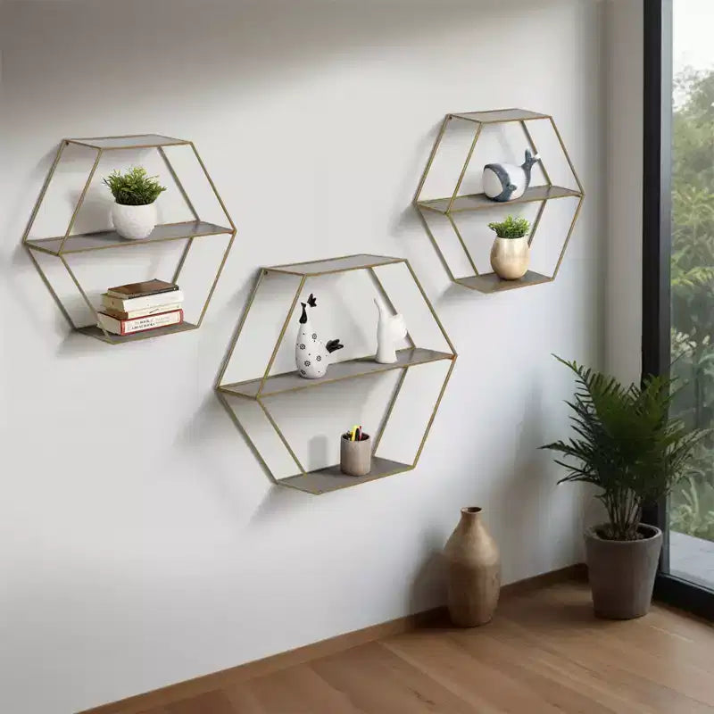 Étagères murales hexagonales modernes pour la décoration intérieure - Rangement en bois avec cadre métallique pour bureau
