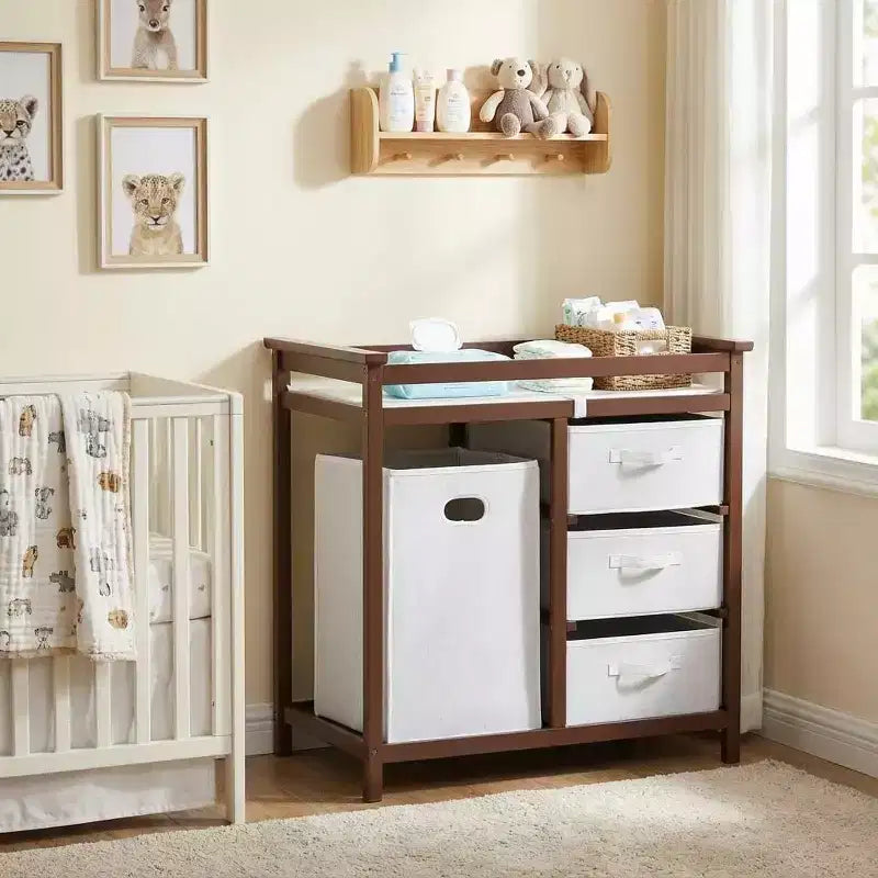 Table à Langer en Bois, Table à Langer Moderne, Commode à Langer pour Bébé avec Panier à Linge, 3 Tiroirs-Paniers