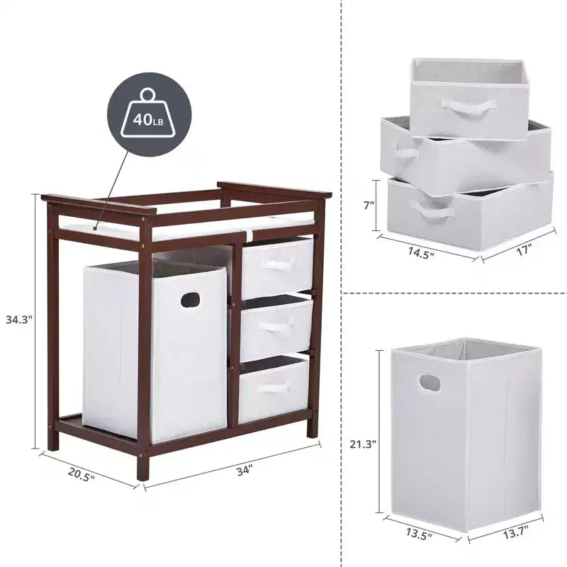 Table à Langer en Bois, Table à Langer Moderne, Commode à Langer pour Bébé avec Panier à Linge, 3 Tiroirs-Paniers