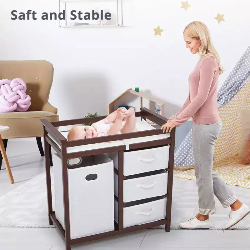 Table à Langer en Bois, Table à Langer Moderne, Commode à Langer pour Bébé avec Panier à Linge, 3 Tiroirs-Paniers
