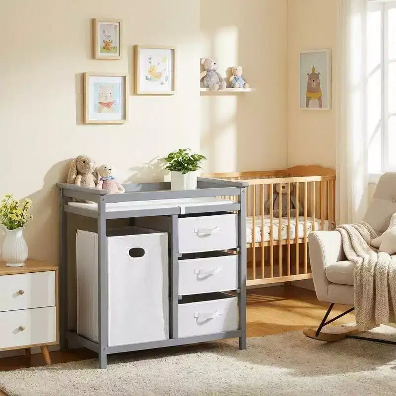 Table à Langer en Bois, Table à Langer Moderne, Commode à Langer pour Bébé avec Panier à Linge, 3 Tiroirs-Paniers